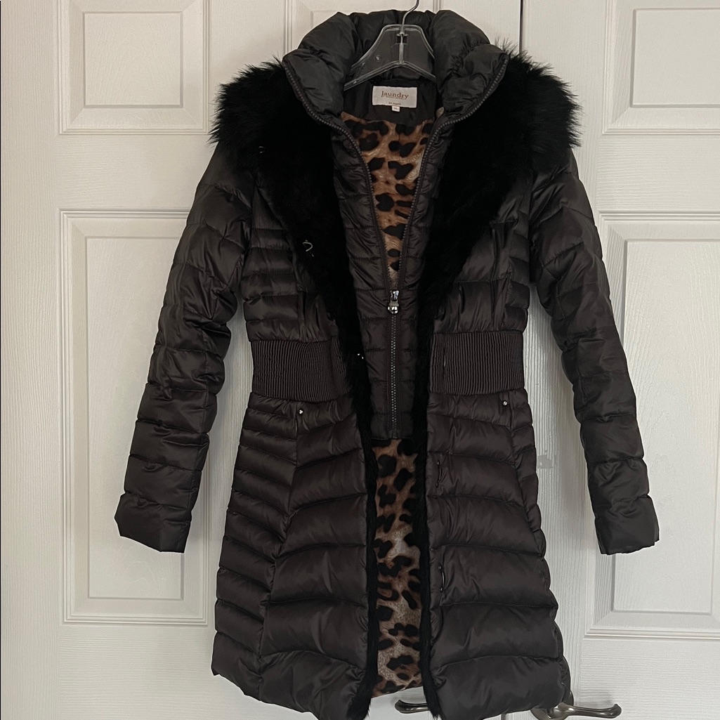Laundry By Shelli Segal Black Puffer Coat With Hooded Faux Fur Collar Zip Vest